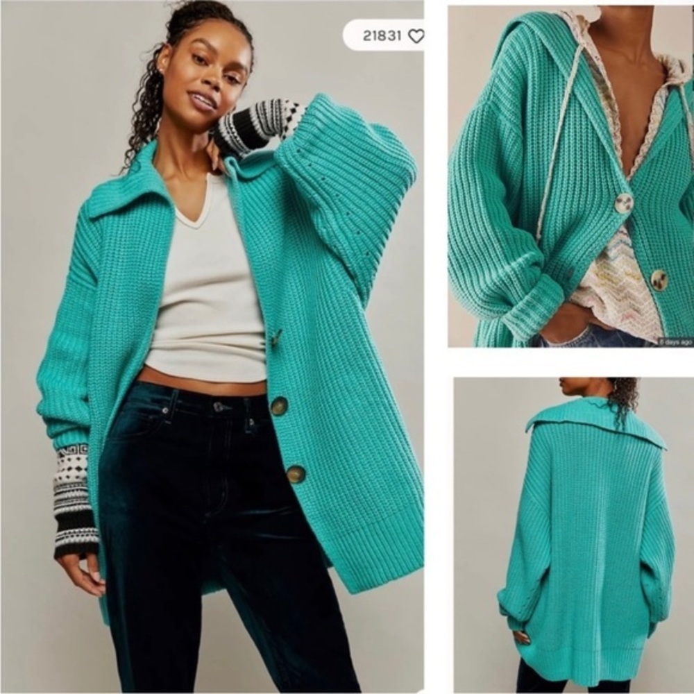 Free People Chunky Teal Knit Cardigan